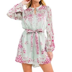 Floral Long Sleeve Light Weight Lined Elastic Waist Romper Green & Pink